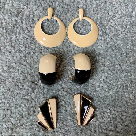 Trifari Jewelry - Three Pair Neutral Shade Pierced Earrings; Cream & Black